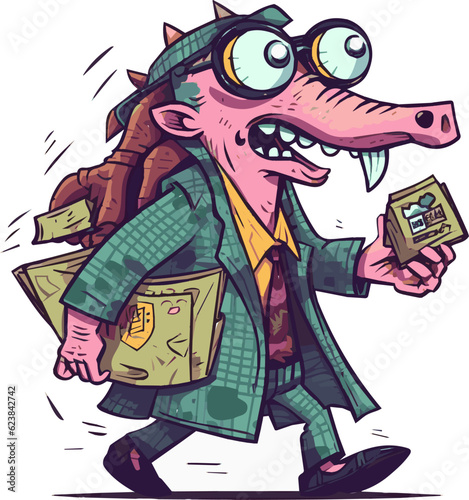 Funny cartoon monster, pirate, trench coat concept art