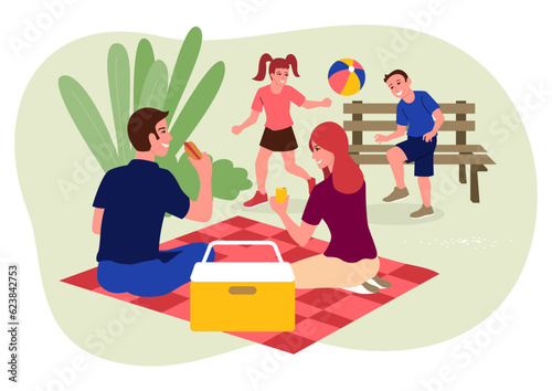 Clip art of happy family on picnic, simple flat vector illustration