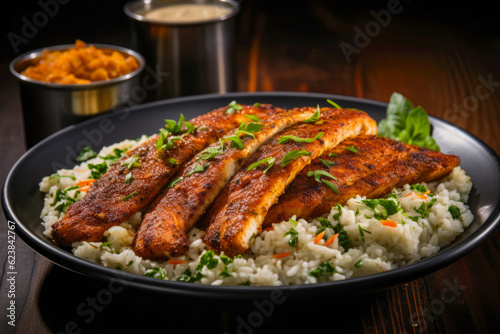 Blackened Redfish, seasoned redfish fillets seared with a blend of spices until blackened and served with a side of creamy Cajun-style sauce, accompanied by rice and vegetables