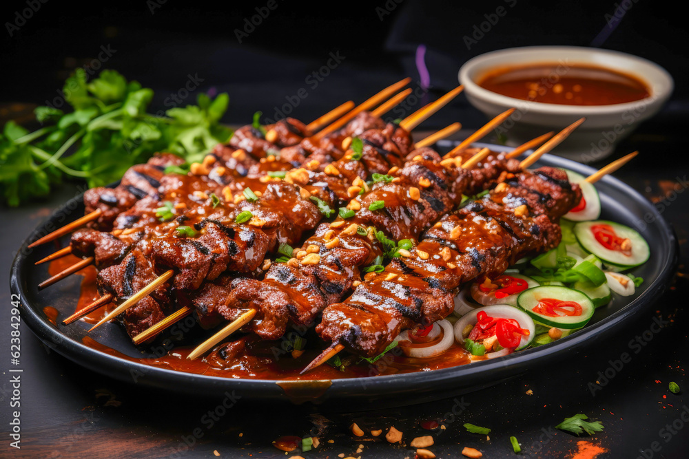 Beef Satay Skewers, grilled skewers of marinated and thinly sliced beef, served with a dipping sauce in a fine restaurant