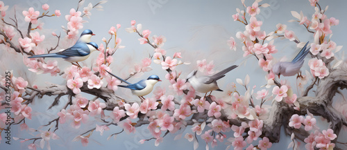 three birds sit on a branch with pink flowers Generated by AI © shirly