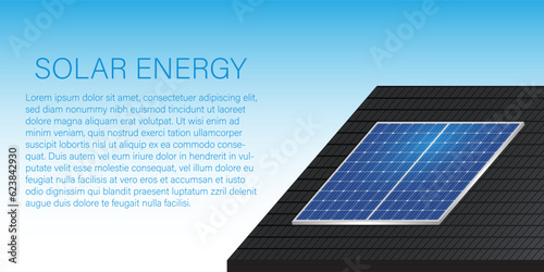 House With Solar Panel on Roof. Solar Energy and Renewable Energy Sources. Clean and Green Energy. Vector Illustration. 