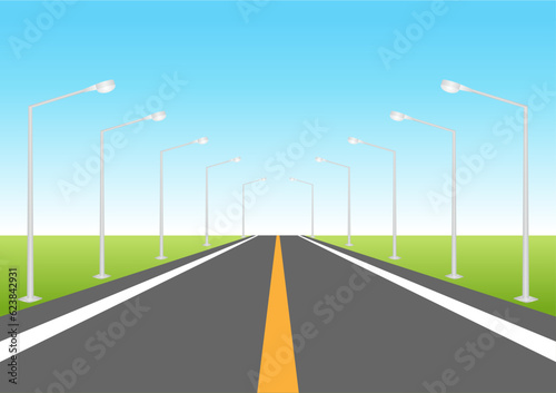 Empty Asphalt Road or Highway Road with Street Lamp Post. Vector Illustration.