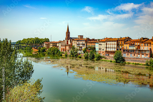 Montauban and tarn river in french occitanie aerial view