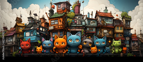 a group of animated cats standing in front of a colorful city Generated by AI
