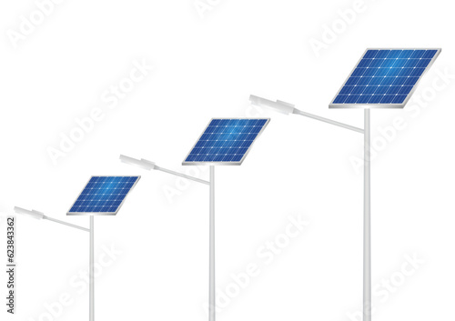 Solar Power Energy Lamp Post. Solar Panel Street Lamp Post. Lamp Post with Solar Panel. Vector Illustration Isolated on White Background. 