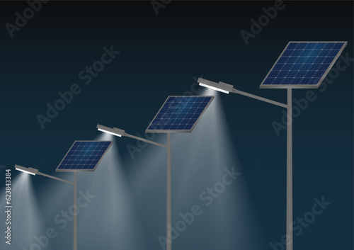 Solar Power Energy Lamp Post in the Dark Night. Solar Panel Street Lamp Post. Lamp Post with Solar Panel. Vector Illustration.