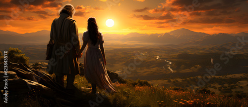 two people dressed in white standing on a hill at sunset Generated by AI
