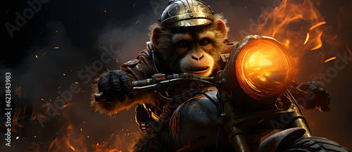 a monkey in an armor and helmet holding a motorcycle Generated by AI