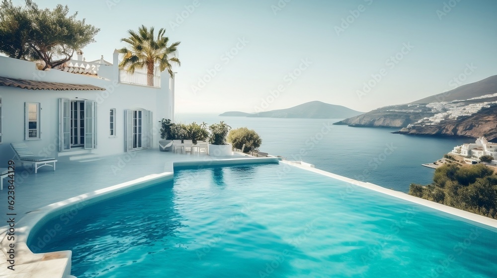 Fototapeta premium Traditional Mediterranean white house with pool and stunning sea view generative ai