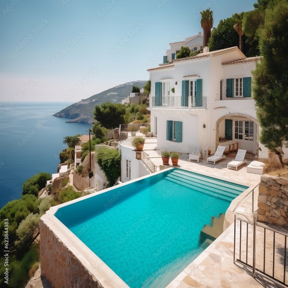 Traditional Mediterranean white house with pool and stunning sea view generative ai Traditional Mediterranean white house with pool and stunning sea view generative ai