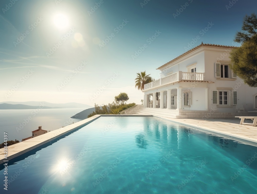 Traditional Mediterranean white house with pool and stunning sea view generative ai