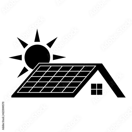 Solar Panel on Roof Logo. Solar Energy  Logo. Solar Panel on Roof at Home. Vector Illustration Isolated on White Background. 