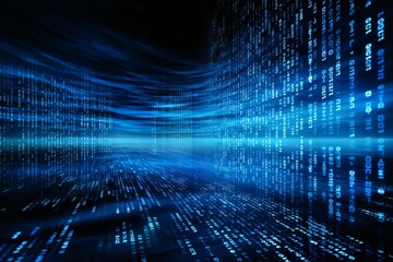 Blue digital binary data on computer screen background