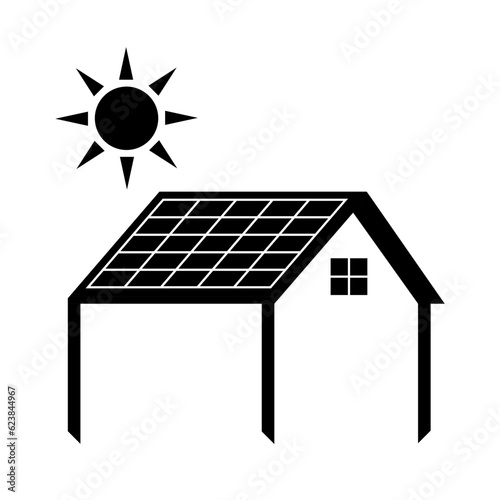 Solar Panel on Roof Logo. Solar Energy  Logo. Solar Panel on Roof at Home. Vector Illustration Isolated on White Background. 