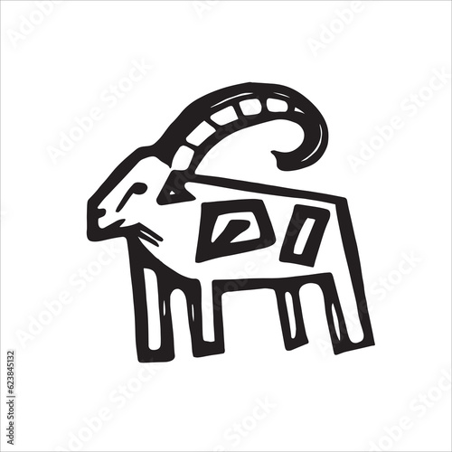 Vector black and white doodle of a majestic ram, embodying the determined and ambitious nature of Capricorn. Intricate lines and bold strokes capture the strength and tenacity of this earth sign. 