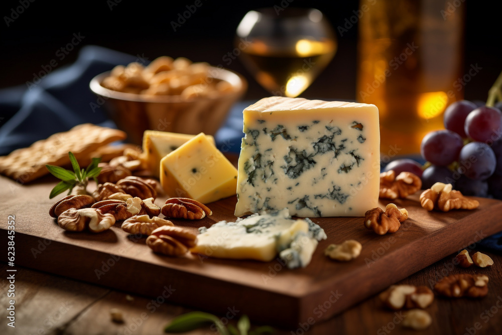 Blue stilton cheese on cheese board with grapes and walnuts . Created with Generative AI Blue stilton cheese on cheese board with grapes and walnuts . Created with Generative AI