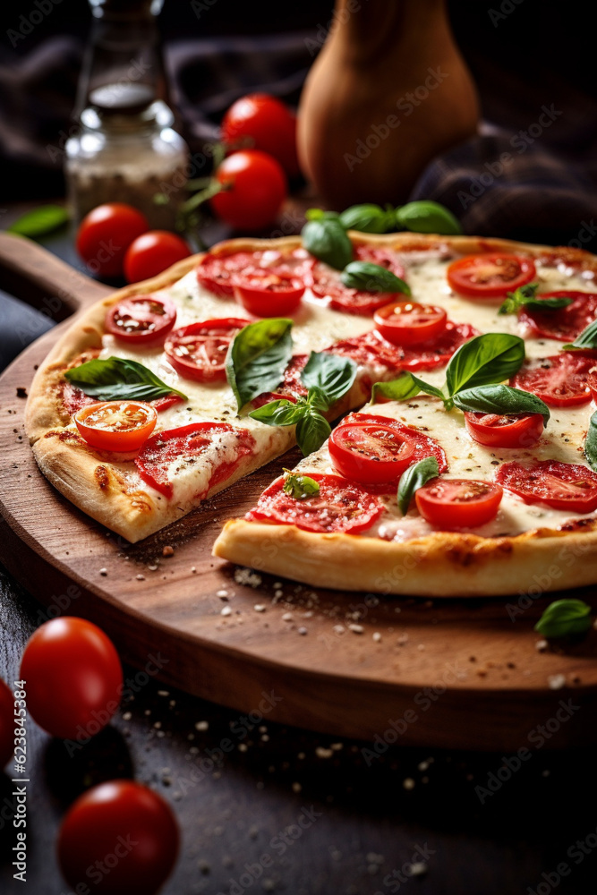 Pizza with mozzarella cheese, tomato slices and fresh basil leaves. Created with Generative AI