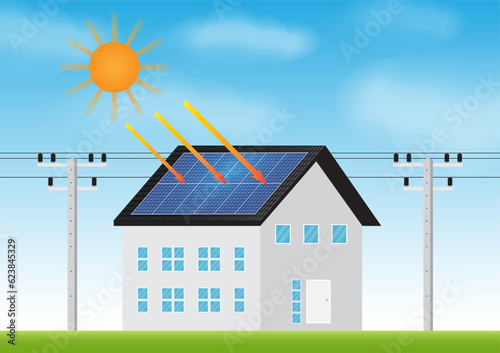 House With Solar Panel on Roof with Electric Pole and Power Line. Solar Energy and Renewable Energy Sources. Clean and Green Energy. Vector Illustration. 
