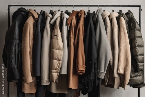 Modern male man neutral colors autumn capsule wardrobe with different coats on grey background. Building stylish wardrobe, Seasonal capsule for easy dressing, order in things concept. Generative AI