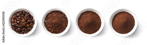 Flat lay of Roasted Coffee beans and different types of grinds coffee in white bowl isolated on white background. Clipping path.