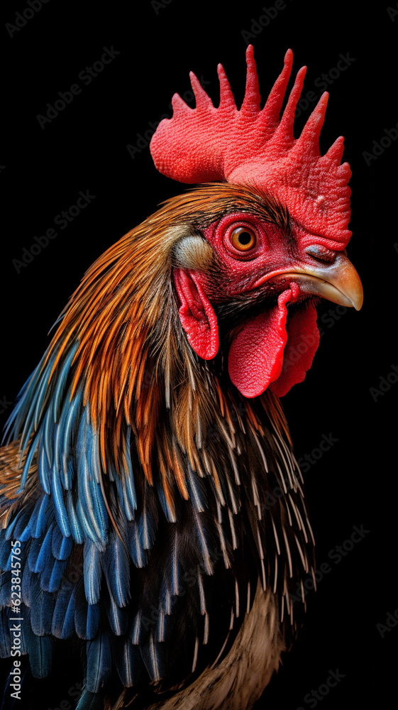 a beautiful and colourful rooster studio portrait. Created with Generative AI