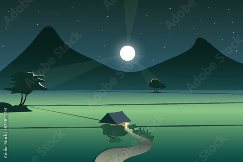 Summer valley with mountains on the horizon at night. Nature landscape vector cartoon illustration with water stream, bushes and full moon in the sky