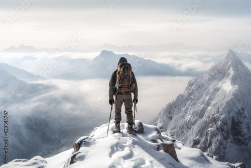 Hiker stands at the summit of a difficult mountain climb, winter scene. Created with generative AI