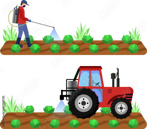 Farmer spraying chemical to green plants vector illustration, farmer working in the field and fertilizer to green cabbage, tractor spraying pesticides on vegetable field
