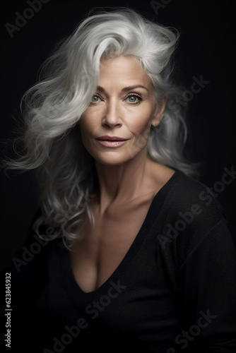 Senior Woman Studio Portrait on Black Background. Created with generative AI