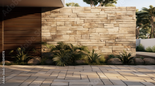 Front of one storey contemporary architect designed townhouse home. Facing with natural stone.