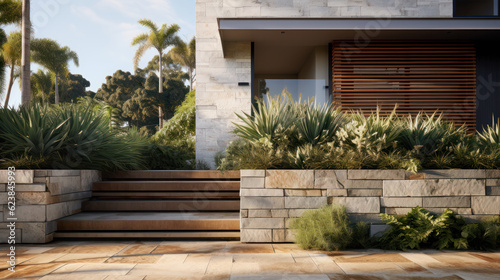Front of one storey contemporary architect designed townhouse home. Facing with natural stone.
