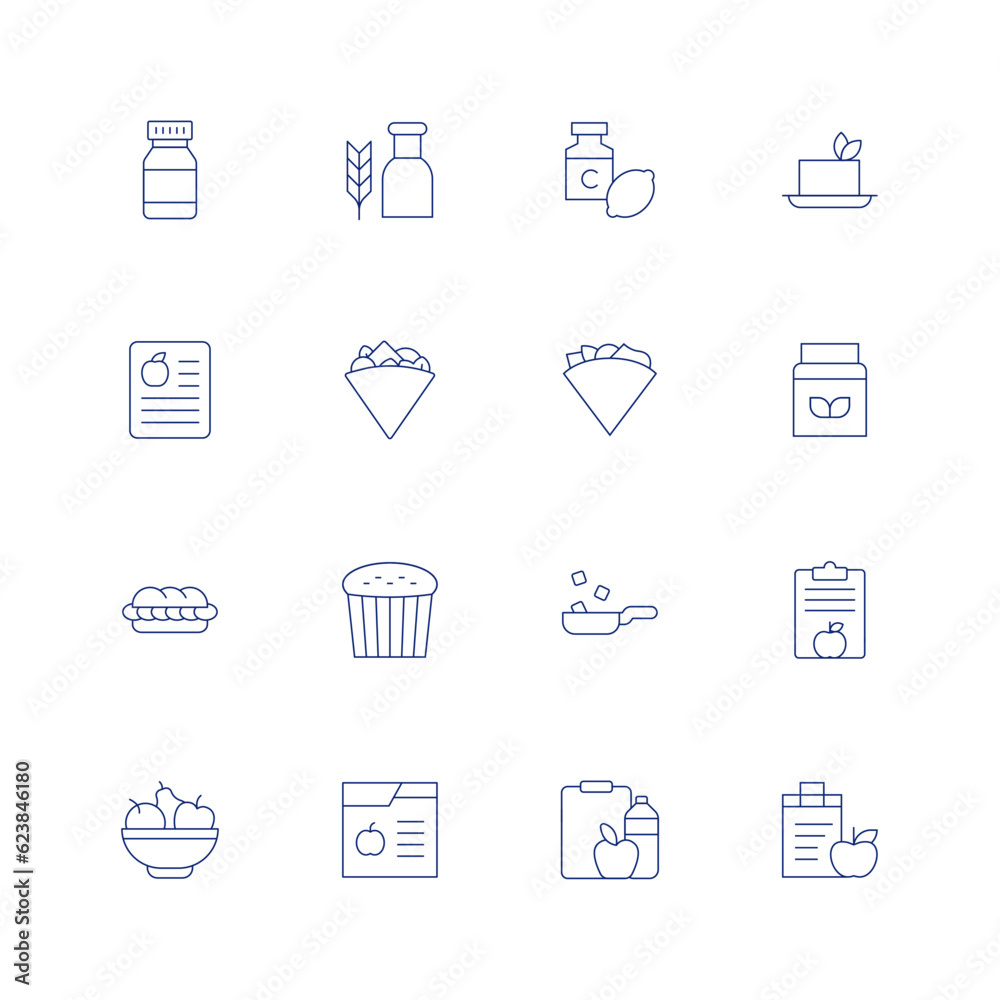 Nutrition line icon set on transparent background with editable stroke. Containing vitamins, vitamin e, vitamin c, tofu, report, quesadilla, proteins, panini, panettone, pan, nutritional plan.