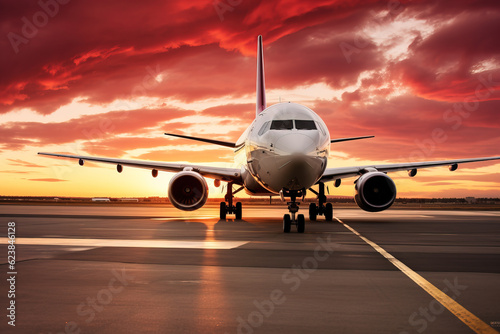 Boeing airplane on runaway at sunset