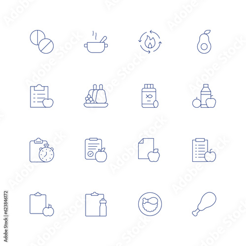 Nutrition line icon set on transparent background with editable stroke. Containing spirulina, soup, metabolism, avocado, nutrition, prime rib, fish oil, feeding, nutritional plan, diet, chicken thigh.