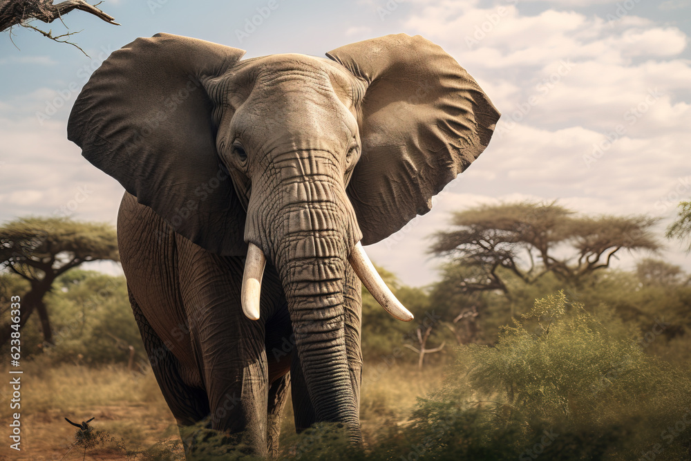 Fototapeta premium Beautiful and majestic portrait of an elephant in the African wilderness safari