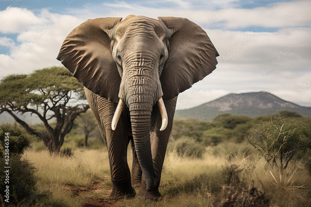 Beautiful and majestic portrait of an elephant in the African wilderness safari
