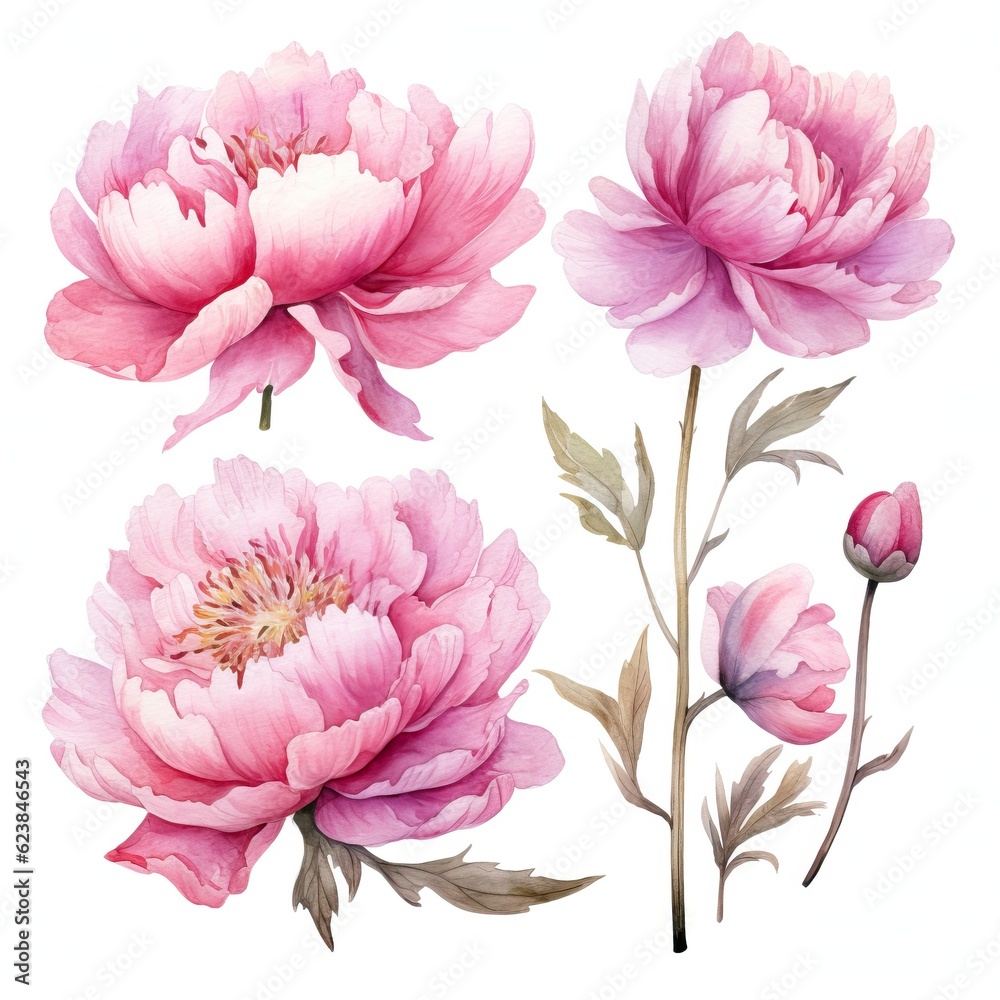 Obraz premium Vibrant Watercolor Peonies on White Background AI Generated
