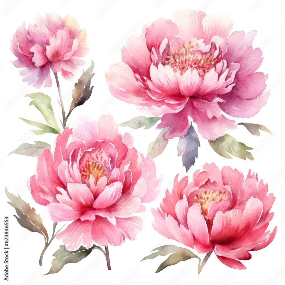 Obraz premium Vibrant Watercolor Peonies on White Background AI Generated