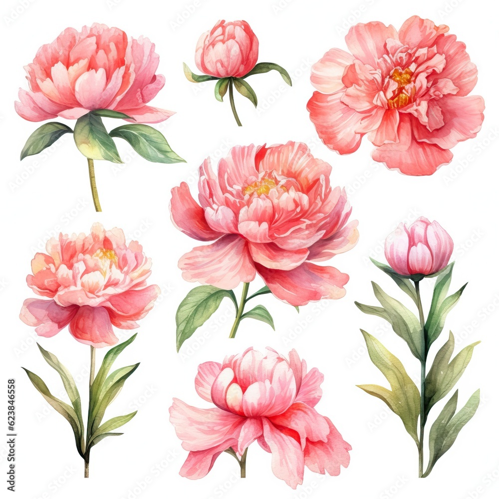Obraz premium Vibrant Watercolor Peonies on White Background AI Generated