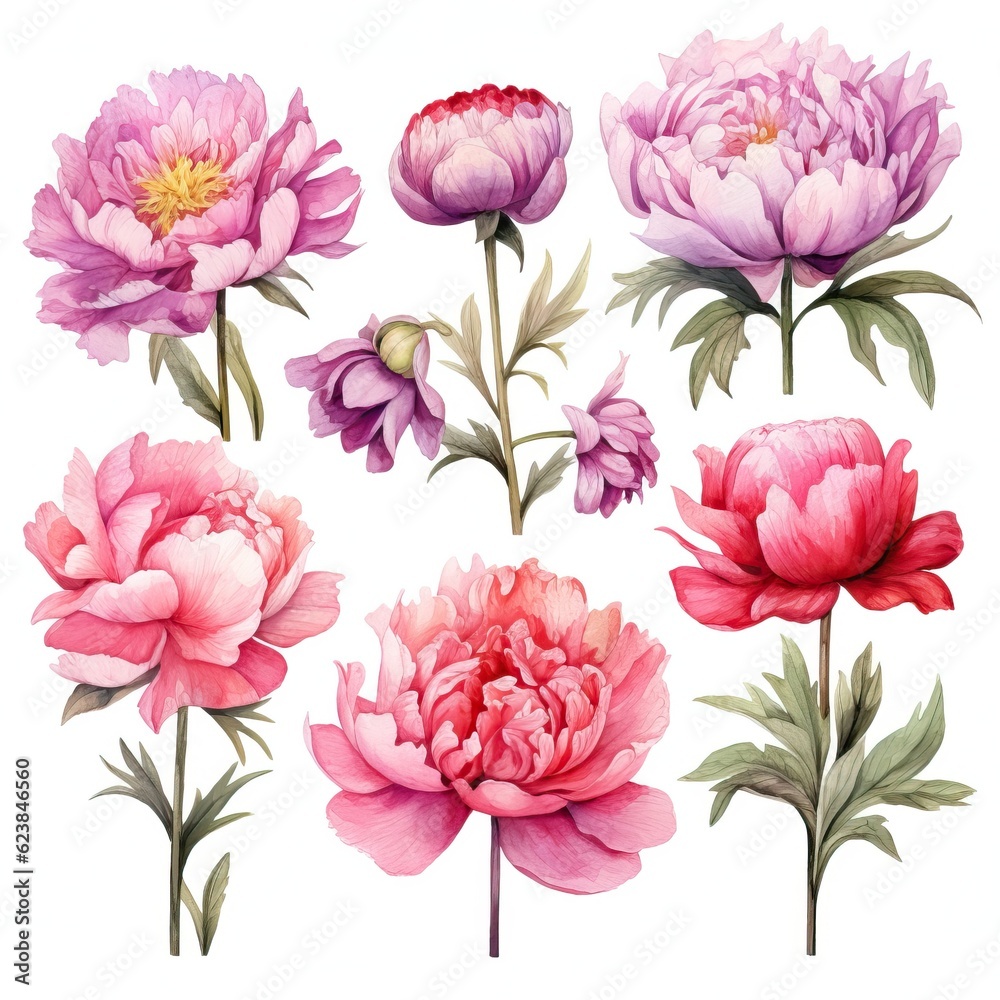 Obraz premium Vibrant Watercolor Peonies on White Background AI Generated