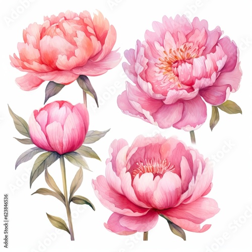 Vibrant Watercolor Peonies on White Background AI Generated