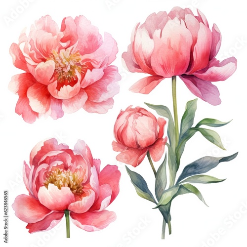 Set of Watercolor Peony Flowers on White Background AI Generated