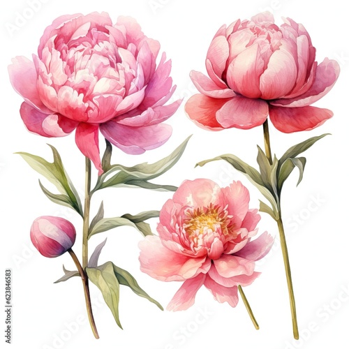 Set of Watercolor Peony Flowers on White Background AI Generated