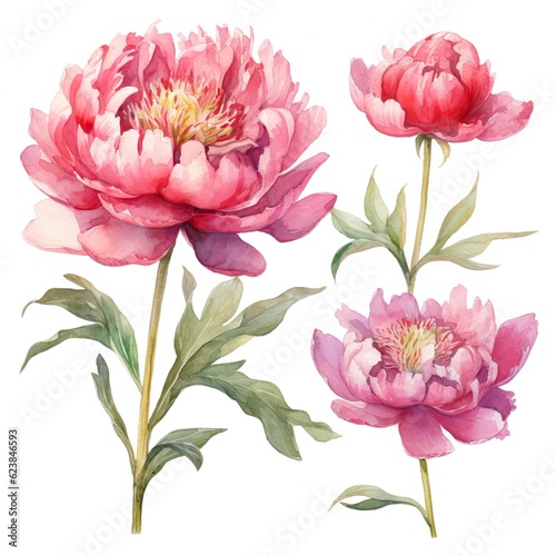 Vibrant Watercolor Peonies on White Background AI Generated