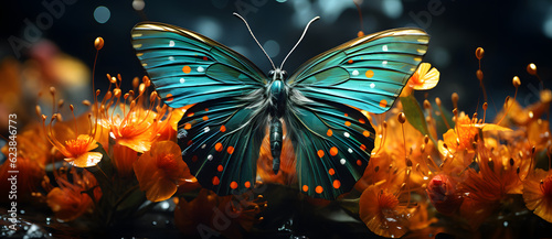 a blue and orange butterfly with spots on wings sitting among flowers Generated by AI