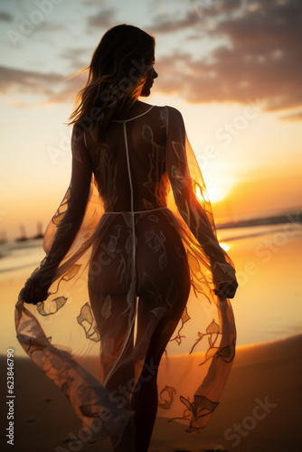Woman Wearing Sheer Dress on Beach at Sunset