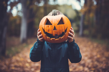 cute child holding a halloween pumpkin over their face. Halloween costume