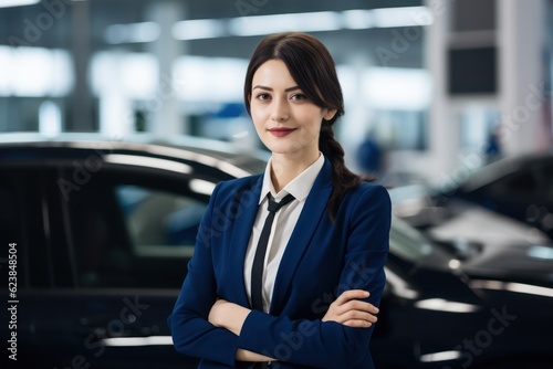 The female salesperson at a car showroom. Generative Ai.