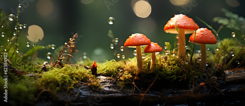 three mushrooms that are growing out of some moss Generated by AI